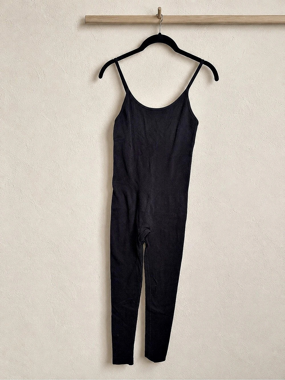 black spaghetti strap ribbed jumpsuit
